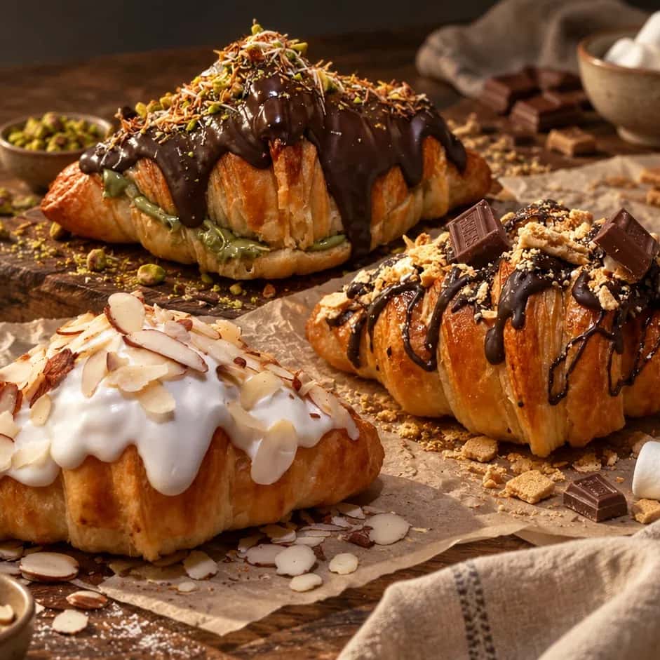 Tres croissants artesanales de El Pan de Paula sobre una mesa de madera